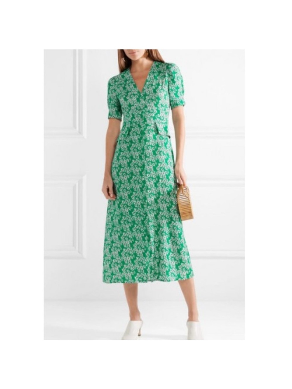 RIXO London Jackson Floral Crepe de Chine Green Daisy Midi Dress size XS
